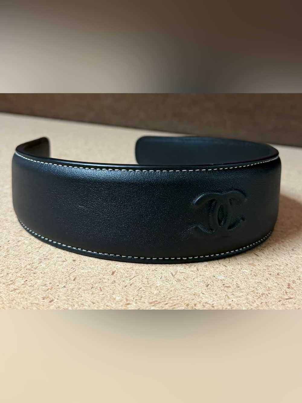 CHANEL Black Padded Leather Headband with Embossed CC